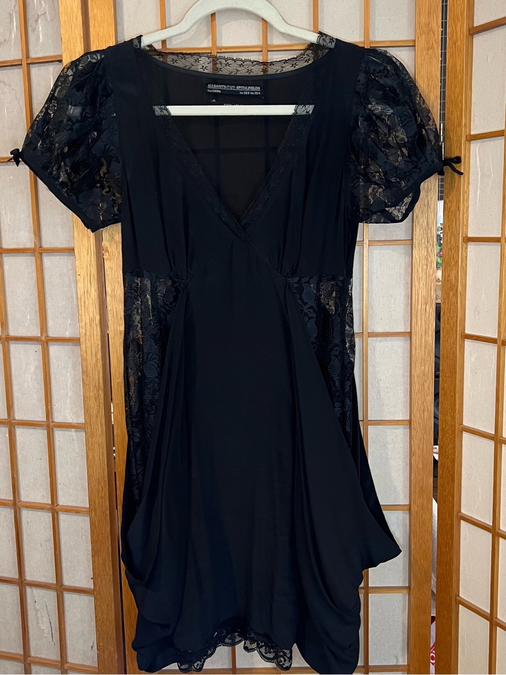 AllSaints 100% Silk Black Floral Lace Puff Sleeve Draped Mini Dress US 4 UK 8